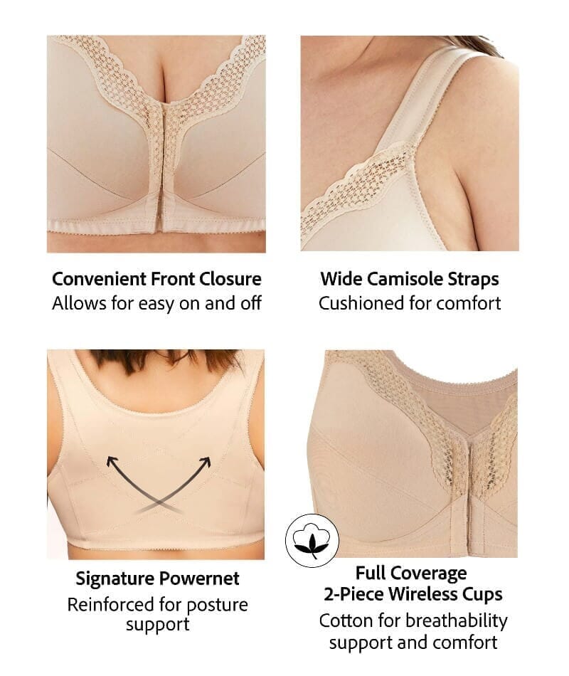 Exquisite Form Fully Front Close Wire-Free Cotton Posture Bra With Lace - White Bras 