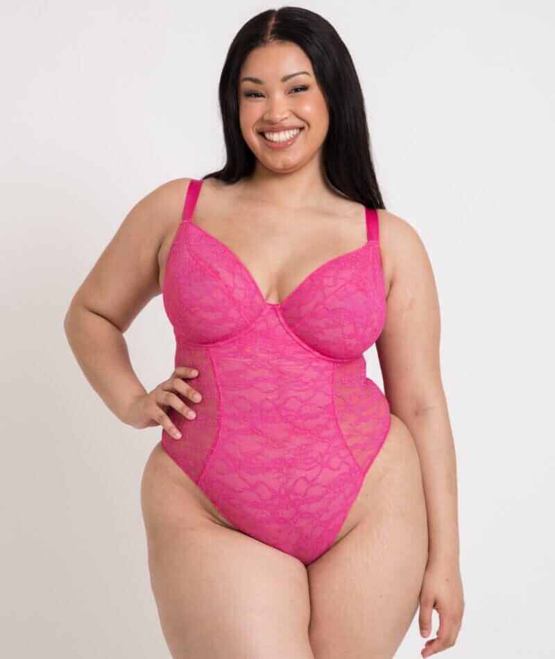 Curvy Kate All Night Lace Plunge Bodysuit - Hot Pink/Blush Bodysuits & Basques 