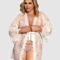 Curvy All Over Lace Long Sleeve Short Robe Sleepwear with Thong - White