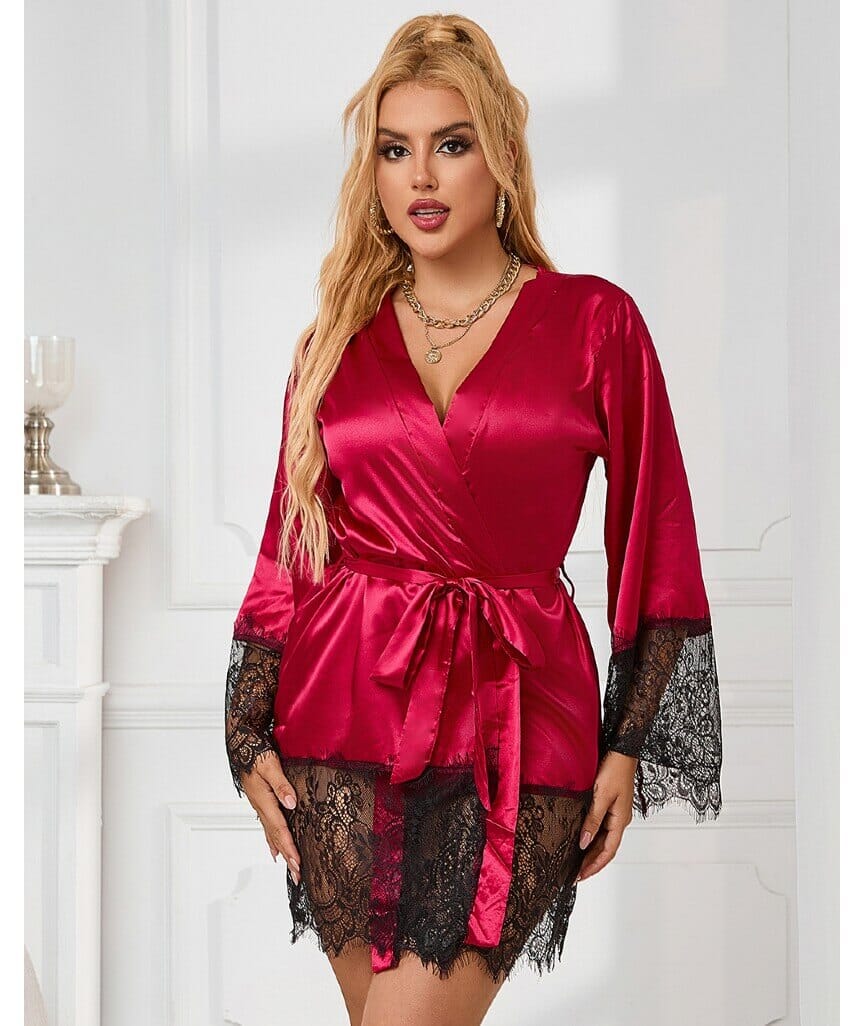 Curvy Elegant Satin Eyelash Lace Long Sleeve Short Robe Sleepwear with Thong - Red Babydoll / Chemise 