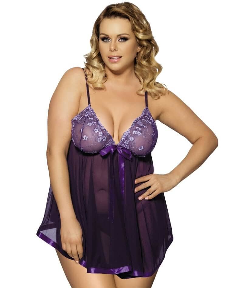 Curvy Mesh & Lace Cup Babydoll Nightdress with G-String - Purple Babydoll / Chemise 