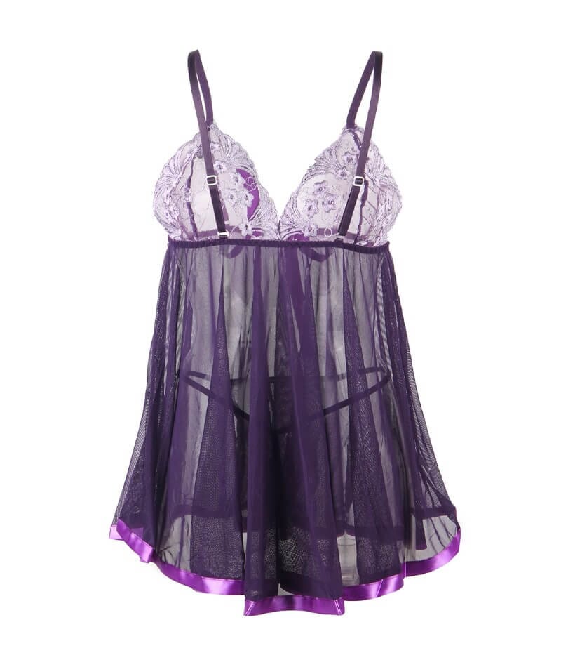 Curvy Mesh & Lace Cup Babydoll Nightdress with G-String - Purple Babydoll / Chemise 