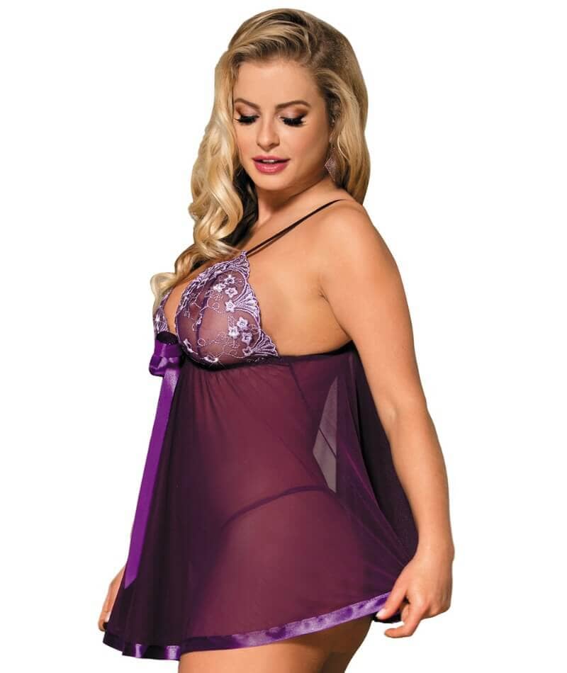 Curvy Mesh & Lace Cup Babydoll Nightdress with G-String - Purple Babydoll / Chemise 