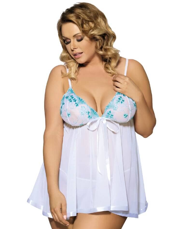 Curvy Mesh & Lace Cup Babydoll Nightdress with G-String - White Babydoll / Chemise 