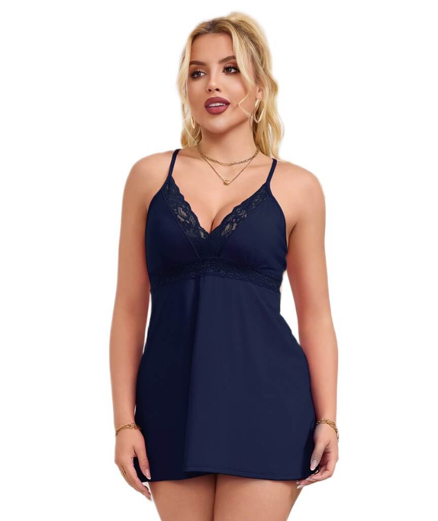 Curvy Modal Lace Deep V-Neck Suspender Nightdress - Blue