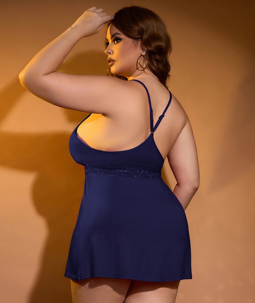 Curvy Modal Lace Deep V-Neck Suspender Nightdress - Blue
