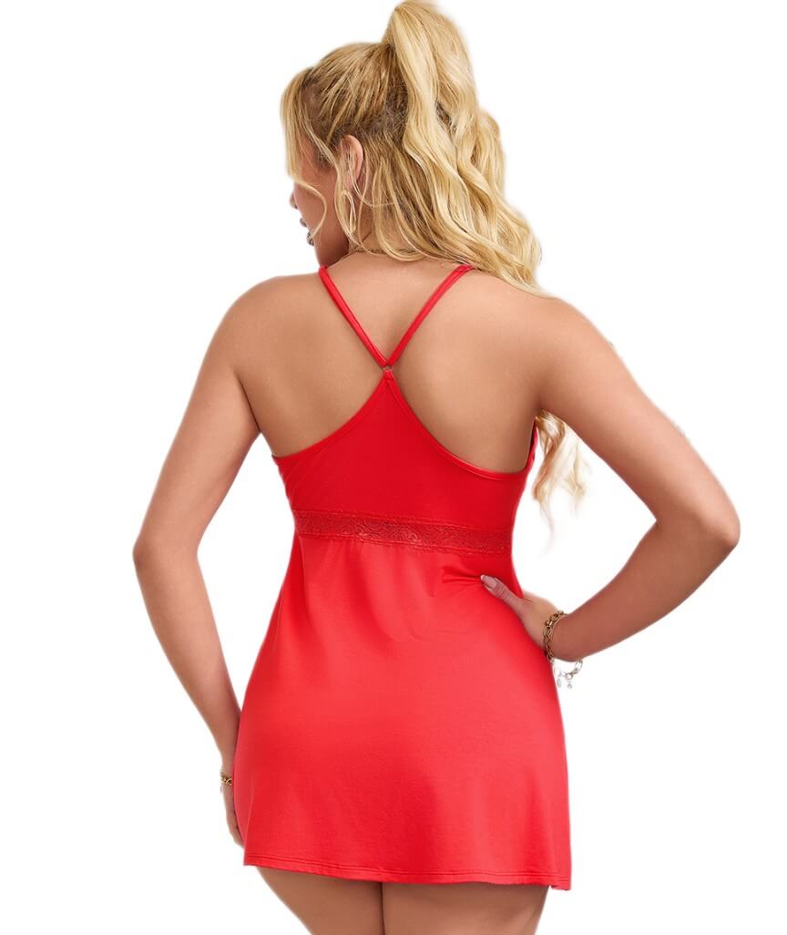 Curvy Modal Lace Deep V-Neck Suspender Nightdress - Red