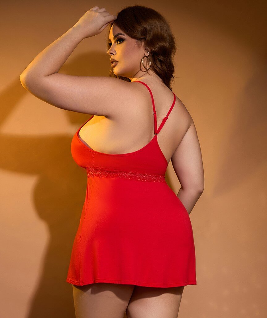 Curvy Modal Lace Deep V-Neck Suspender Nightdress - Red