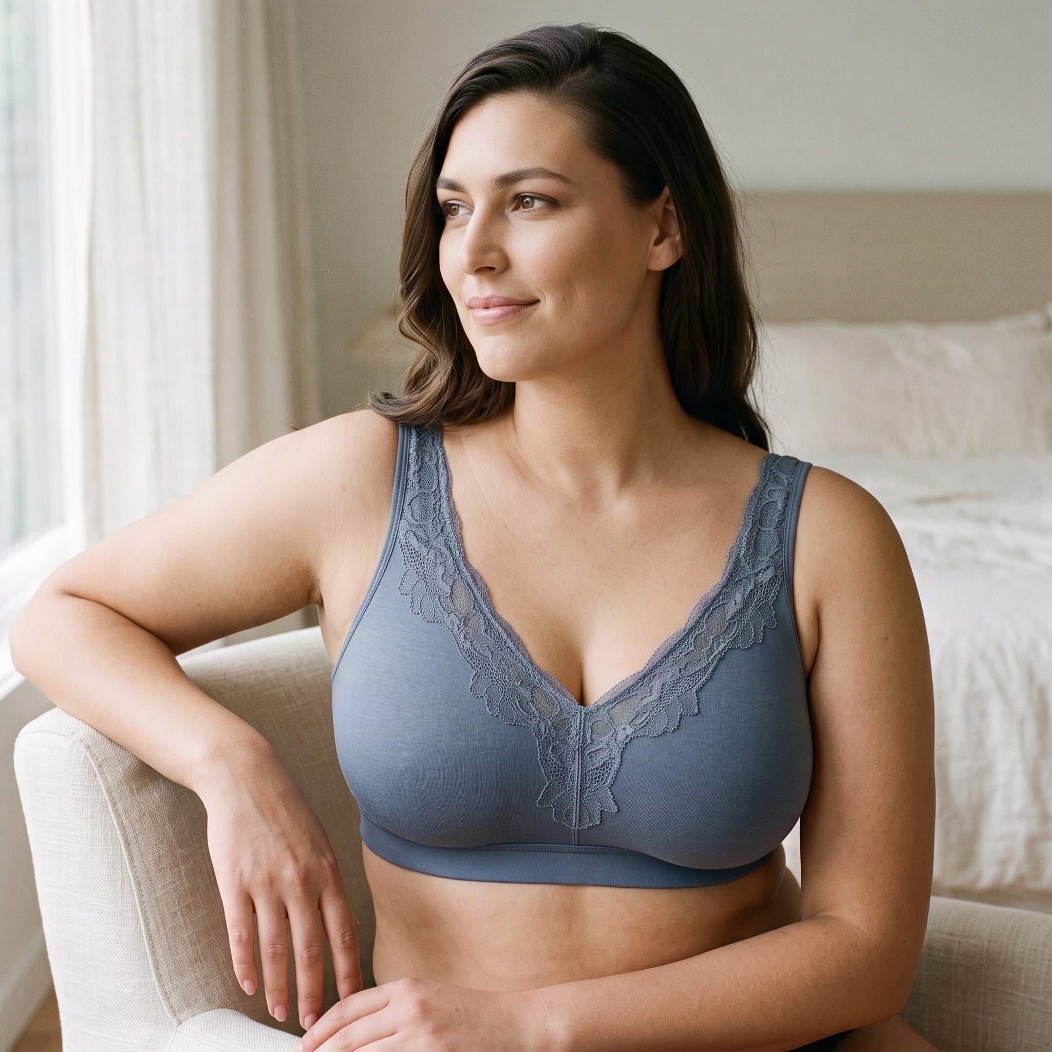 Ava & Audrey Faye Cotton & Lace Wire-free Bra - Denim Blue