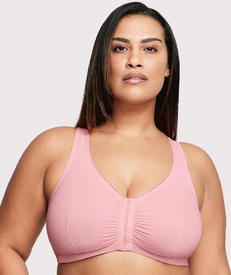 Glamorise Front-Closure Cotton T-Back Wire-Free Comfort Bra - Pink Blu -  Curvy