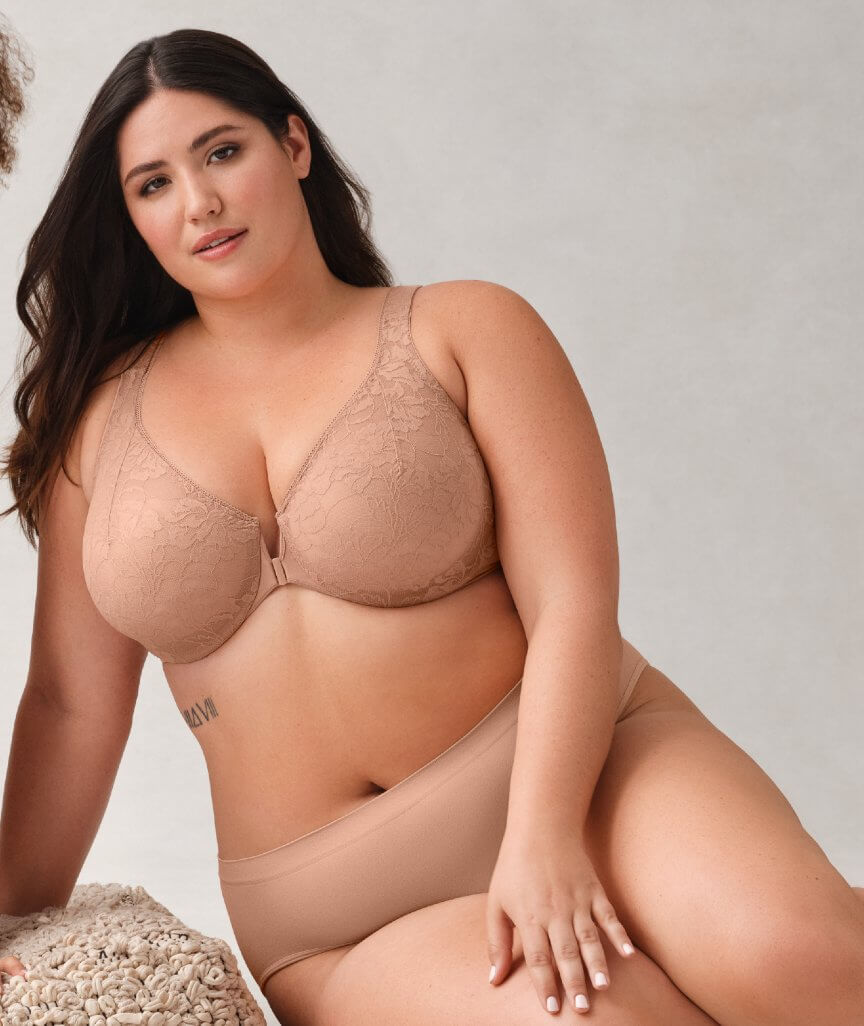 Glamorise Lacey T-Back Front-Closure WonderWire Bra - Cappuccino