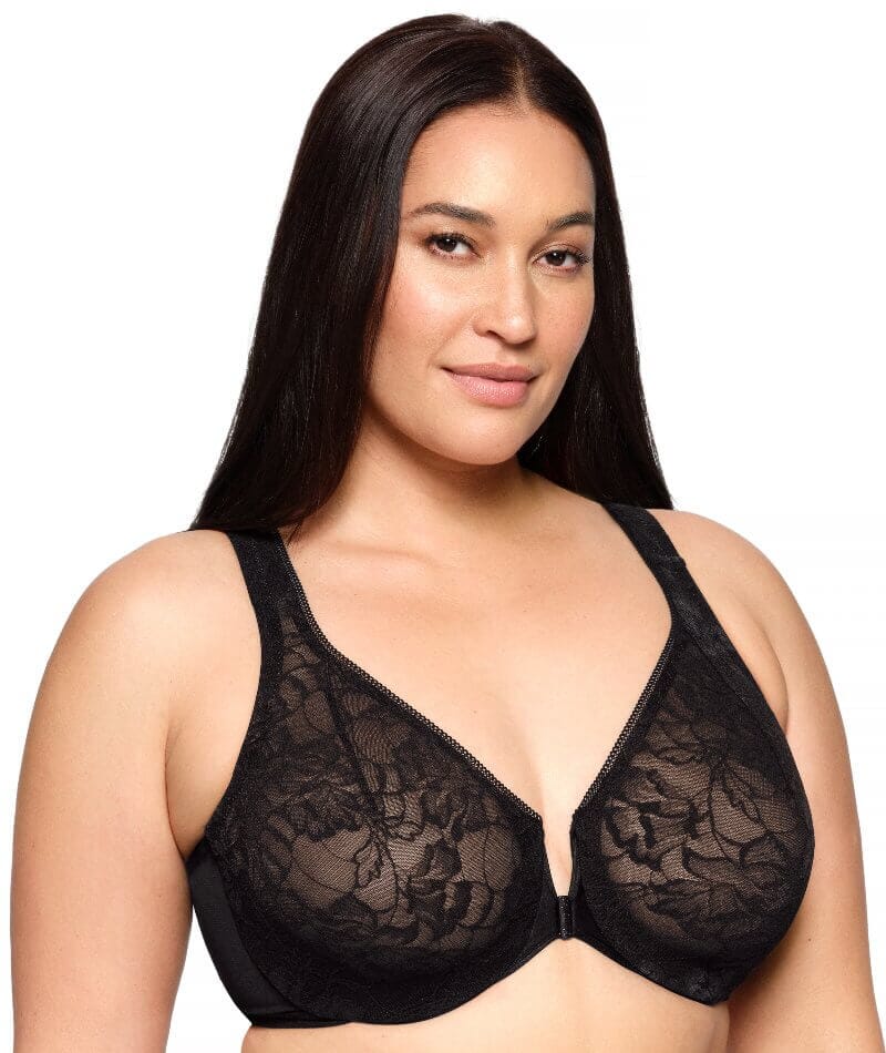 Glamorise Lacey T-Back Front-Closure WonderWire Bra - Solid Black Bras 