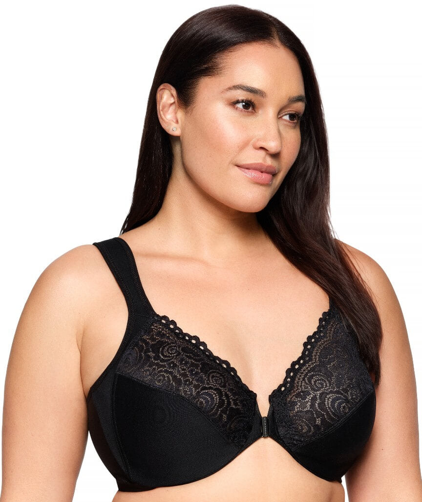 Glamorise WonderWire Front-Closure Posture Back Lace Bra - Black