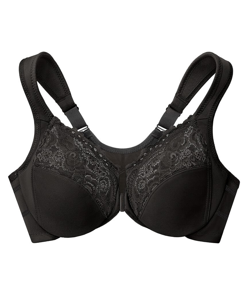 Glamorise WonderWire Front-Closure Posture Back Lace Bra - Black