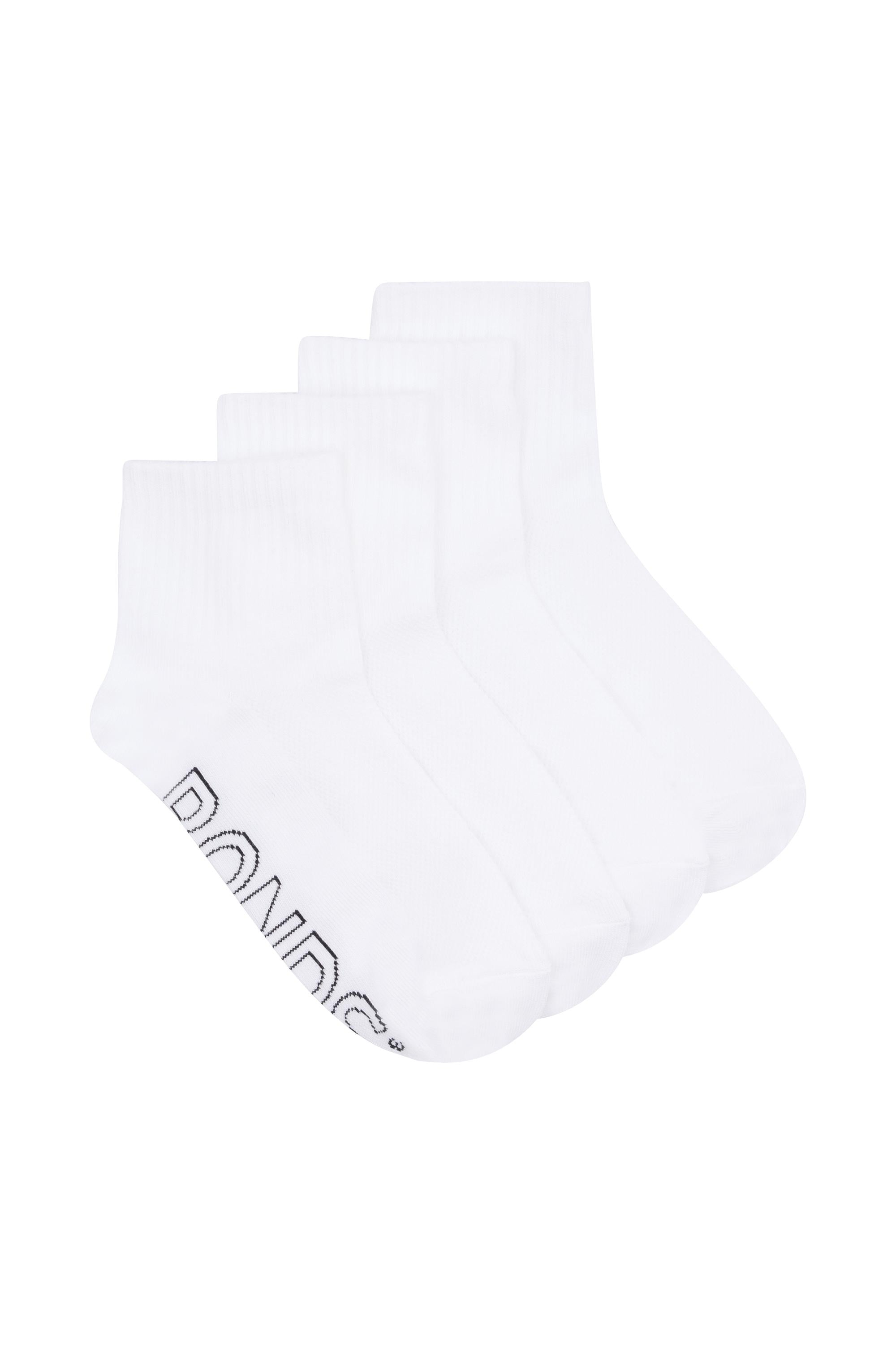Four white Bonds quarter crew socks fanned out showing logo on the cuff