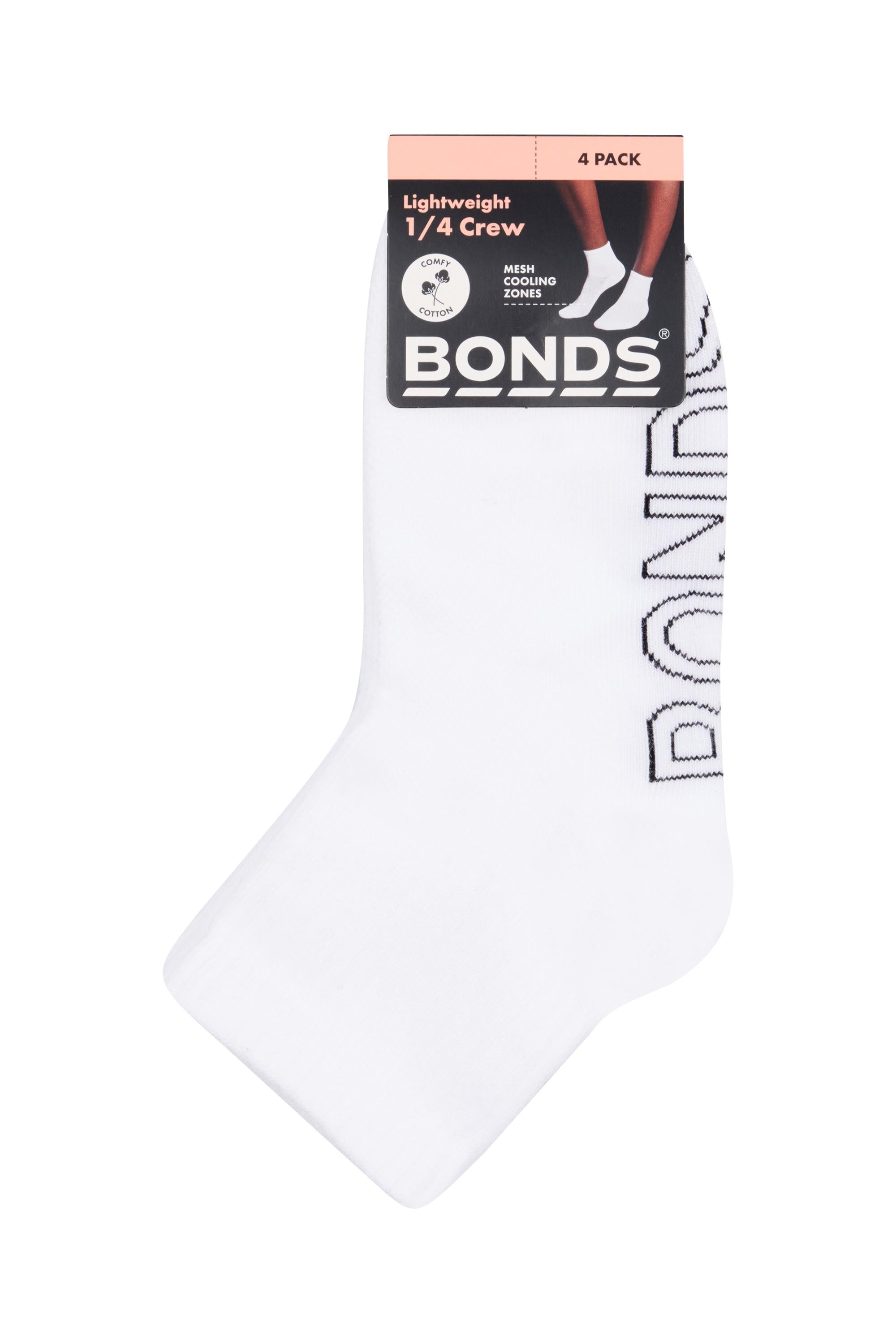 4 Pack Bonds Lightweight Quarter Crew Socks in White – packaging with 4 pack tag