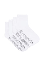Four white Bonds quarter crew socks fanned out showing logo on the sole
