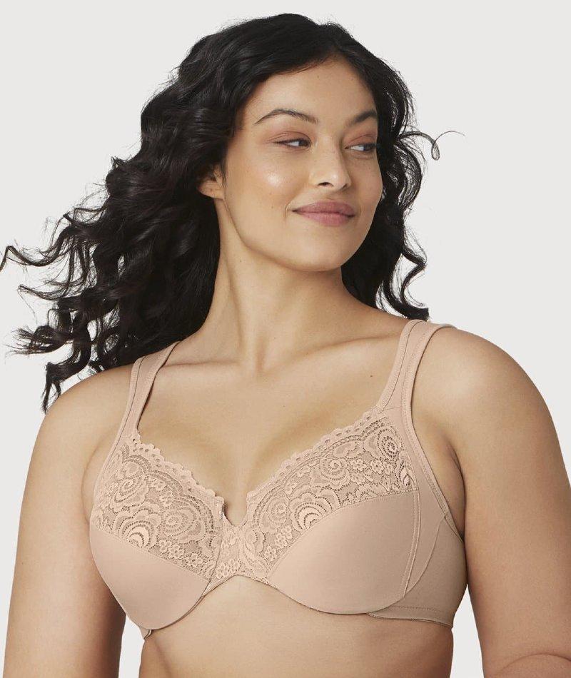 Glamorise WonderWire Front-Closure Stretch Lace Bra - Mocha - Curvy Bras