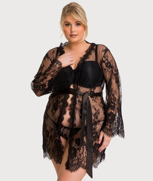thumbnailCurvy All Over Lace Long Sleeve Short Robe Sleepwear with Thong - Black Babydoll / Chemise 