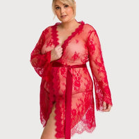 Curvy All Over Lace Long Sleeve Short Robe Sleepwear with Thong - Red