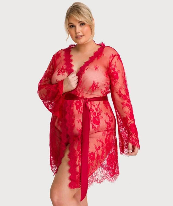 Curvy All Over Lace Long Sleeve Short Robe Sleepwear with Thong Red