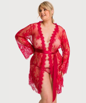 Curvy All Over Lace Long Sleeve Short Robe Sleepwear with Thong - Red Babydoll / Chemise 