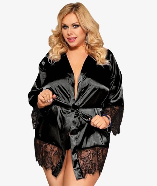 Curvy Elegant Satin Eyelash Lace Long Sleeve Short Robe Sleepwear with