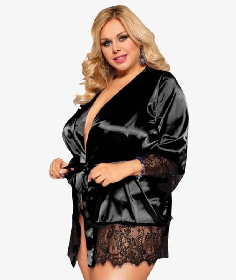 Curvy Elegant Satin Eyelash Lace Long Sleeve Short Robe Sleepwear with