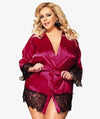 Curvy Elegant Silk Eyelash Lace Long Sleeve Short Robe Sleepwear with Thong - Red Babydoll / Chemise