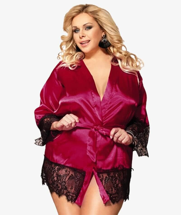 Curvy Elegant Satin Eyelash Lace Long Sleeve Short Robe Sleepwear with