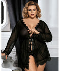 Curvy Mesh & Lace Trim Robe with Thong - Black Swatch Image
