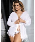 Curvy Mesh & Lace Trim Robe with Thong - White Swatch Image