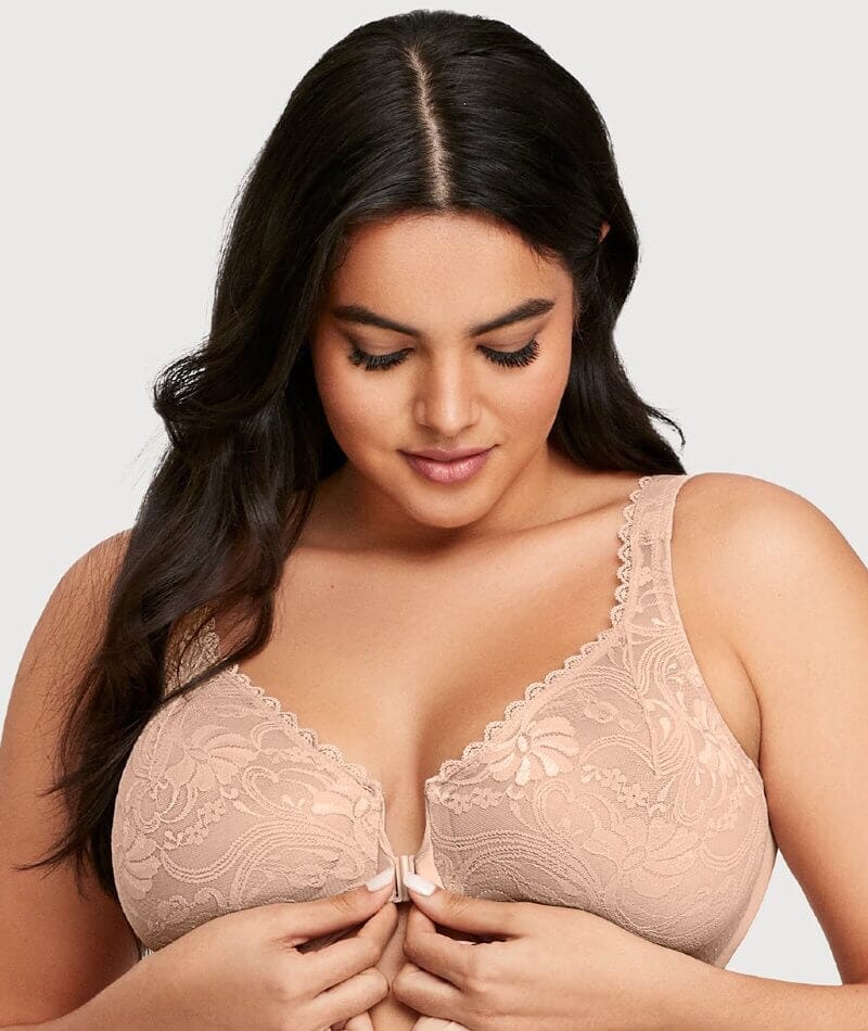 Glamorise WonderWire Front-Closure Stretch Lace Bra - Cafe - Curvy