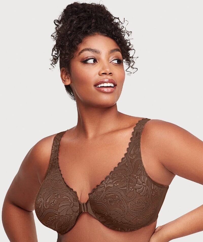 Glamorise WonderWire Front-Closure Stretch Lace Bra - Mocha - Curvy