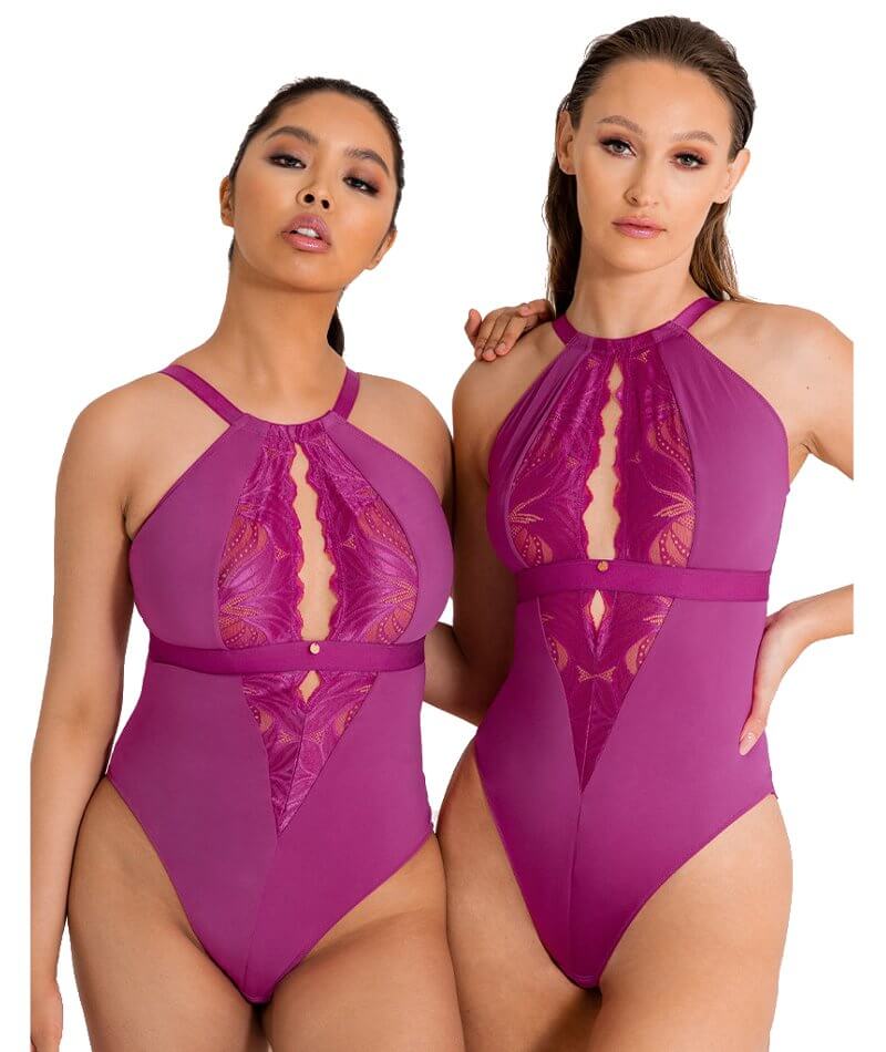 Scantilly Indulgence Stretch Lace Bodysuit - Orchid/Latte Bodysuits & Basques 