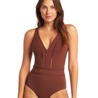 Sea Level Lola Shimmer Spliced Plunge with Ladder Lace One Piece Swimsuit - Cinnamon