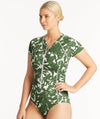Sea Level Retreat Short Sleeved A-DD Cup One Piece Swimsuit - Olive Swim