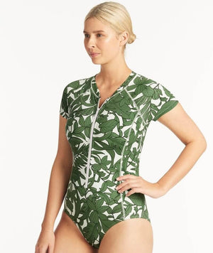 thumbnailSea Level Retreat Short Sleeved A-DD Cup One Piece Swimsuit - Olive Swim 