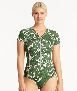 thumbnailSea Level Retreat Short Sleeved A-DD Cup One Piece Swimsuit - Olive Swim 