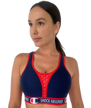 Shock Absorber x Champion padded high support running bra in navy and red